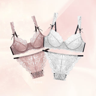 Two bra and pantie sets in Amelie design in white and pink set against a light pink background