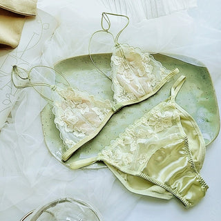 Flat lay image of the Dragonfly bra and pantie set in green