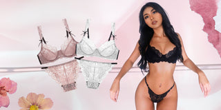 Model wearing black lacy bra and panties set against a pink floral background with two other bra sets displayed in white and pink colors